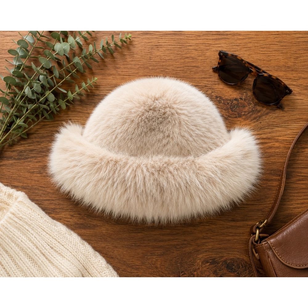 Cream Faux Fur Bucket Hat Plush Winter Cloche Beige One Size Luxe Accessory